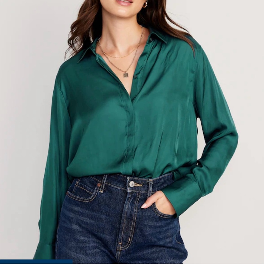Abercrombie & Fitch Long-Sleeve Satin Button-Up Shirt Emerald Green